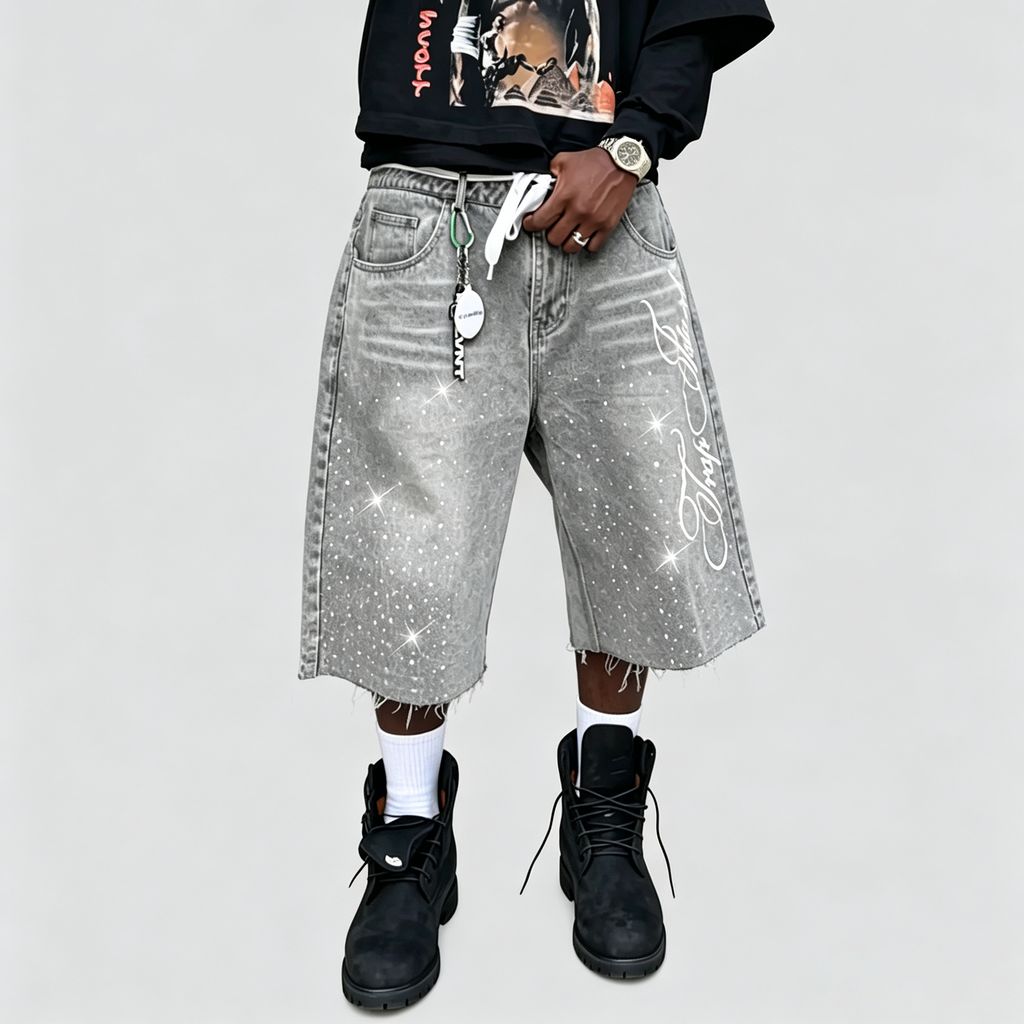 Letter Embroidered Rhinestone Seven-Quarter Denim Jeans