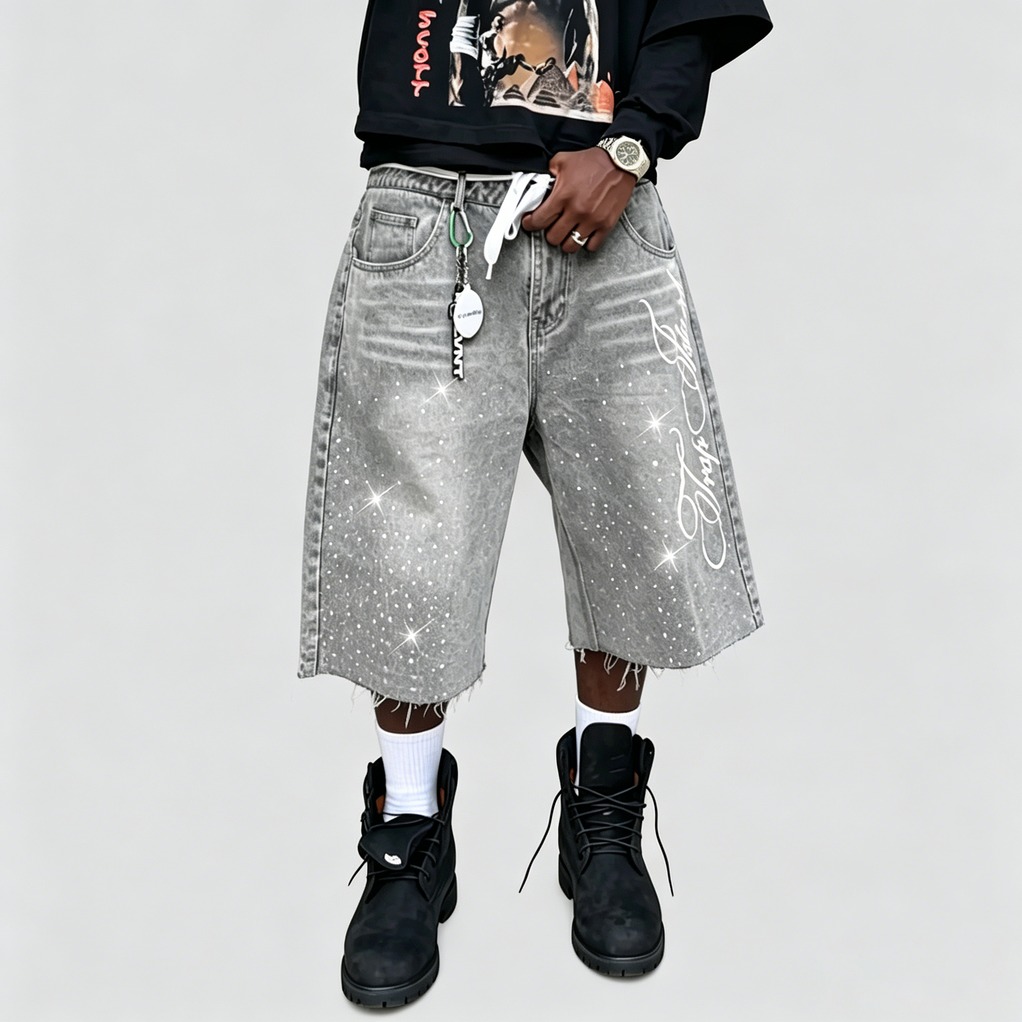 Letter Embroidered Rhinestone Seven-Quarter Denim Jeans