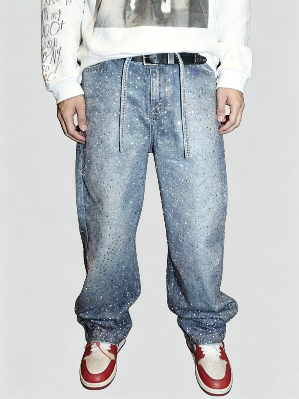 Men Light Blue Rhinestone Loose Jeans Bling Streetwear