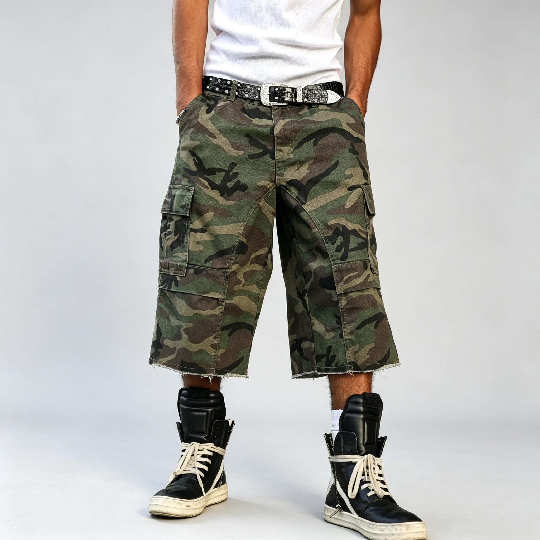 Casual Cargo Camo Frayed Hem Loose Denim Shorts Streetwear