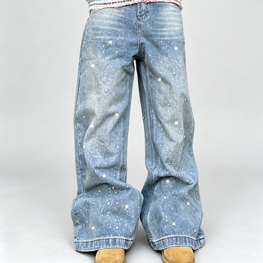 Letter Embroidery Rhinestone Galaxy High Waist Denim Jeans