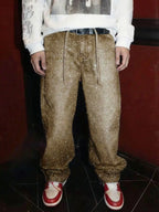 Men Light Blue Rhinestone Loose Jeans Bling Streetwear