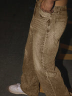 Men Light Blue Rhinestone Loose Jeans Bling Streetwear