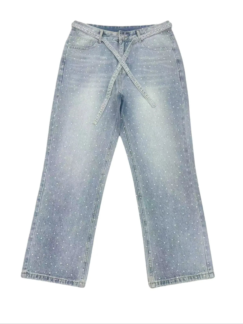Men Light Blue Rhinestone Loose Jeans Bling Streetwear