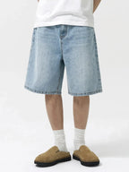 Men Light Blue Washed Loose Straight Denim Shorts