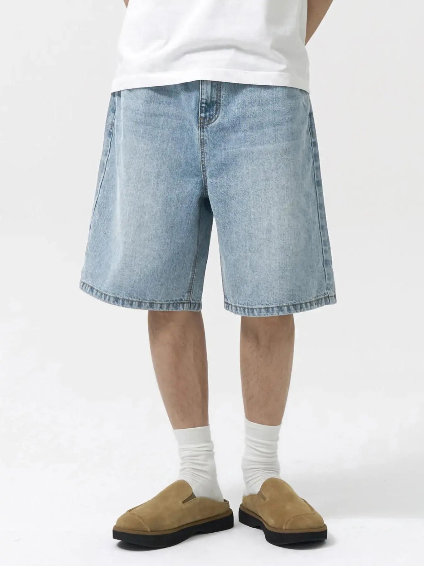 Men Light Blue Washed Loose Straight Denim Shorts