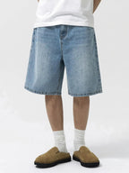 Men Light Blue Washed Loose Straight Denim Shorts