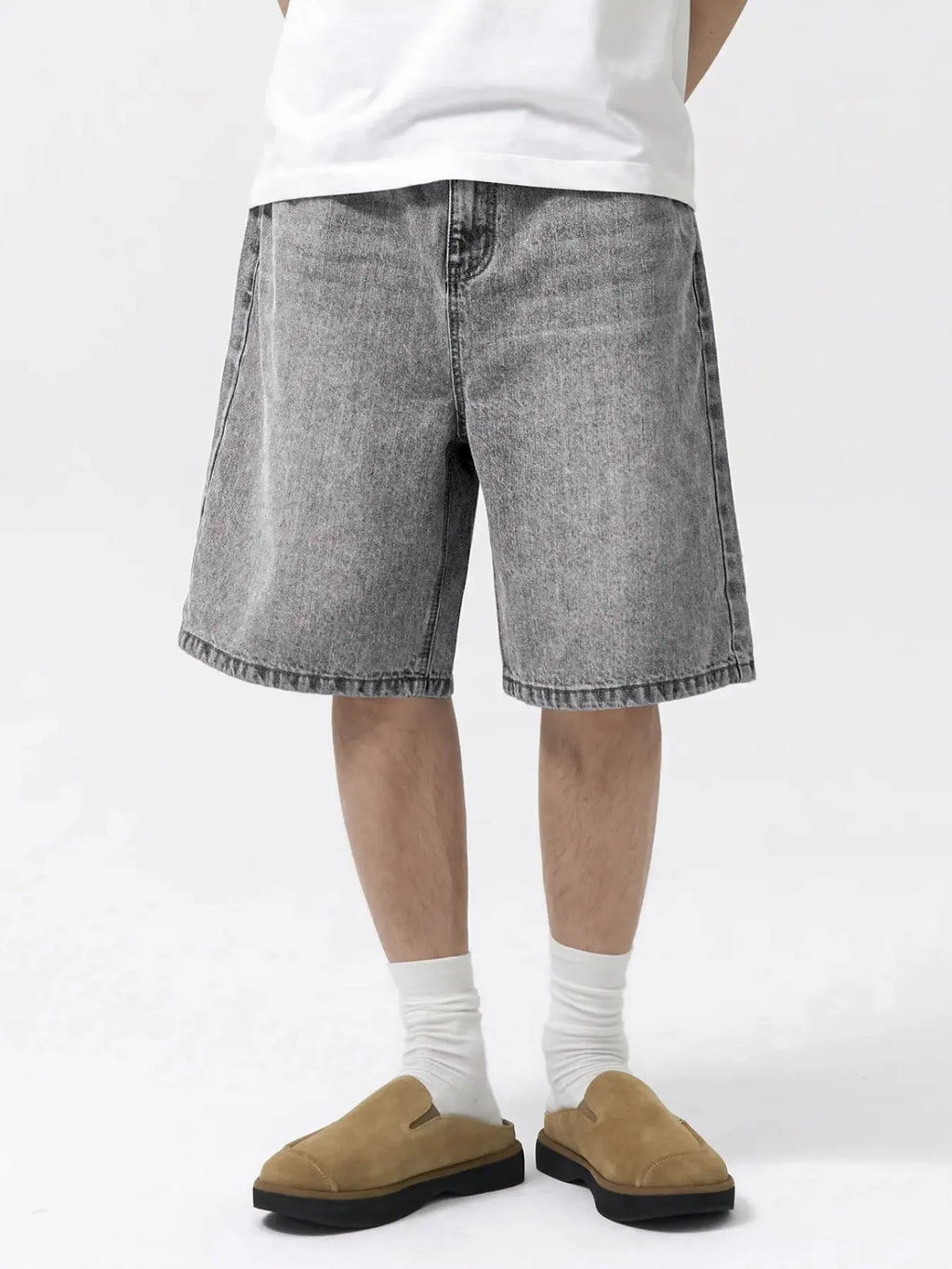 Men Light Blue Washed Loose Straight Denim Shorts