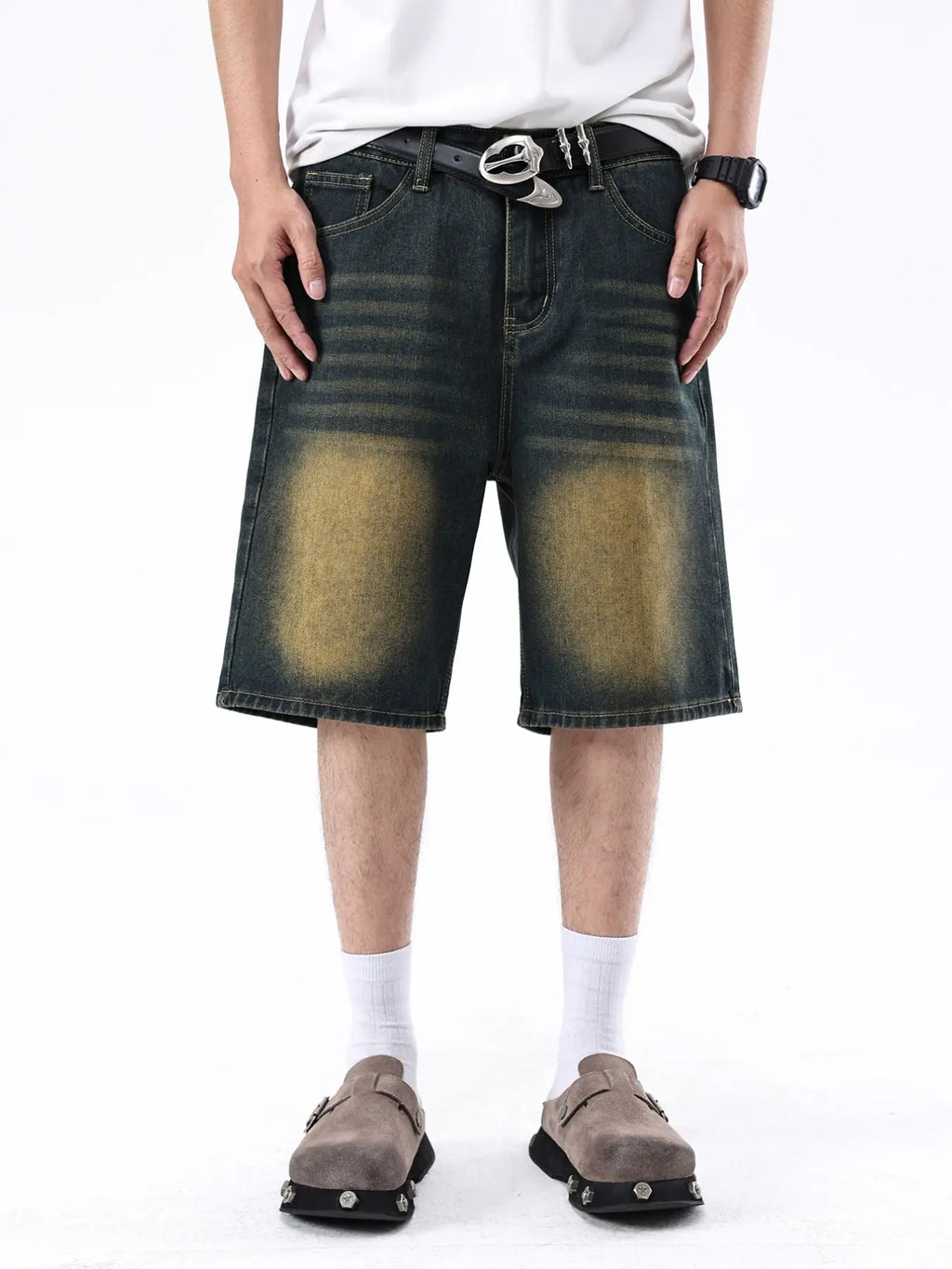 Men Light Blue Washed Loose Straight Denim Shorts