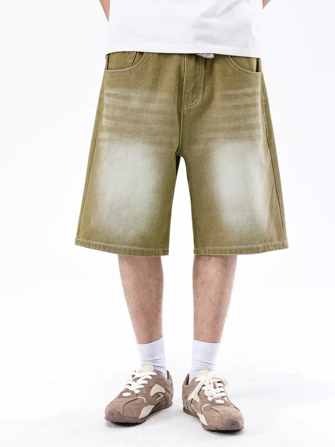 Men Light Blue Washed Loose Straight Denim Shorts