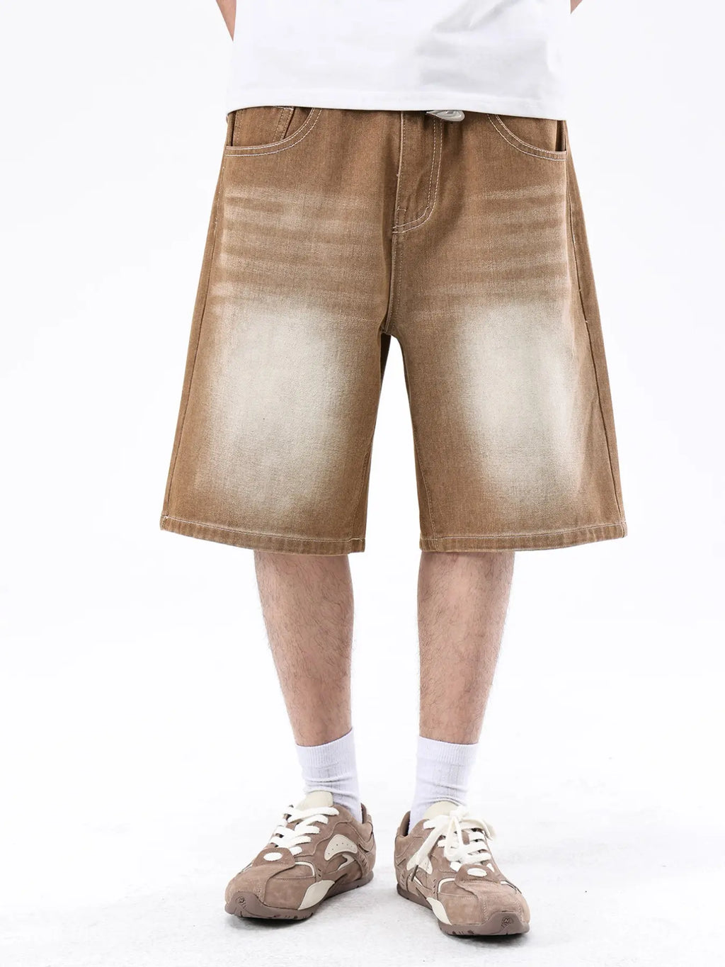 Men Light Blue Washed Loose Straight Denim Shorts