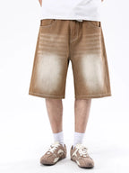 Men Light Blue Washed Loose Straight Denim Shorts