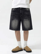 Men Light Blue Washed Loose Straight Denim Shorts