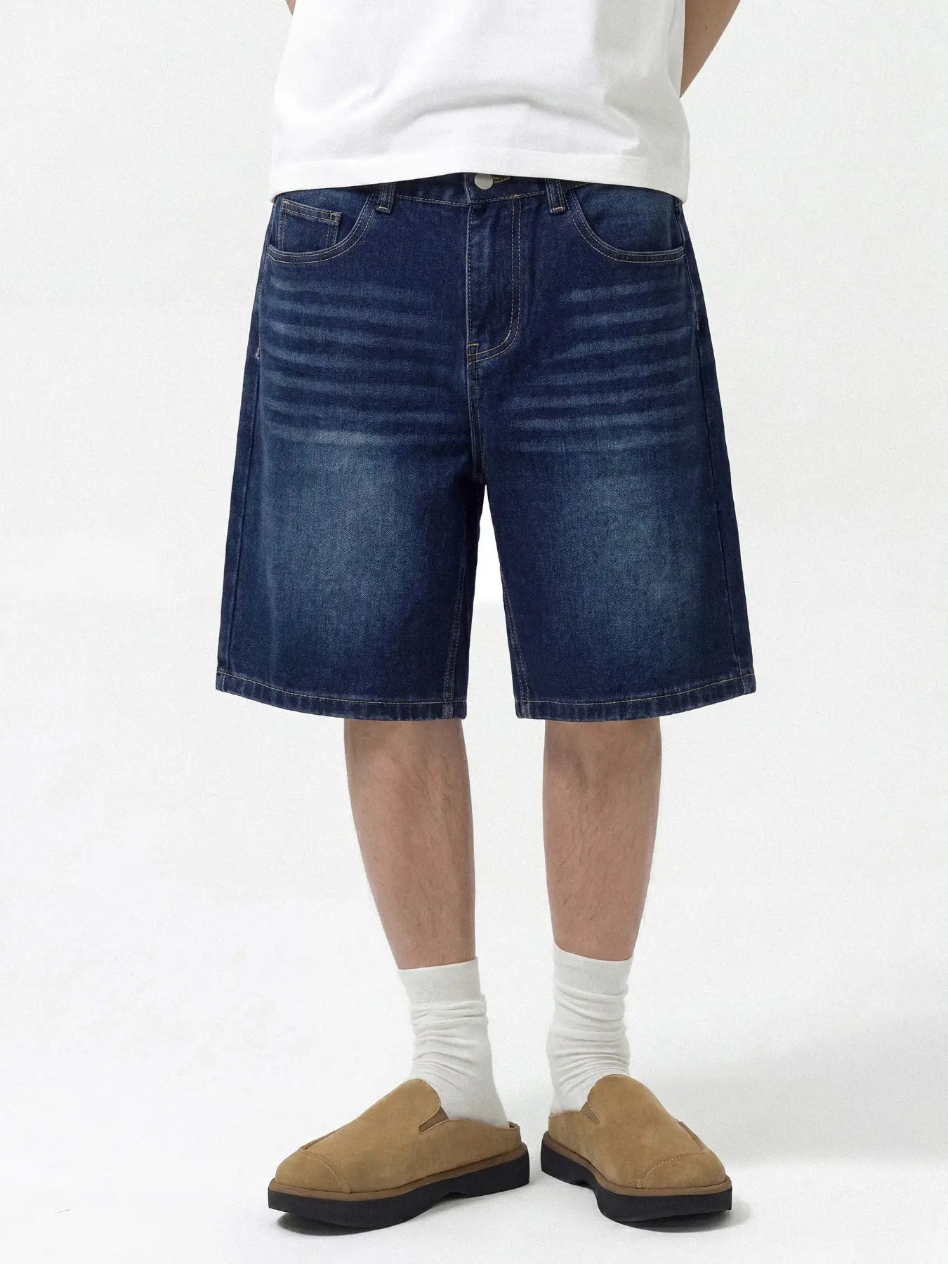 Men Light Blue Washed Loose Straight Denim Shorts