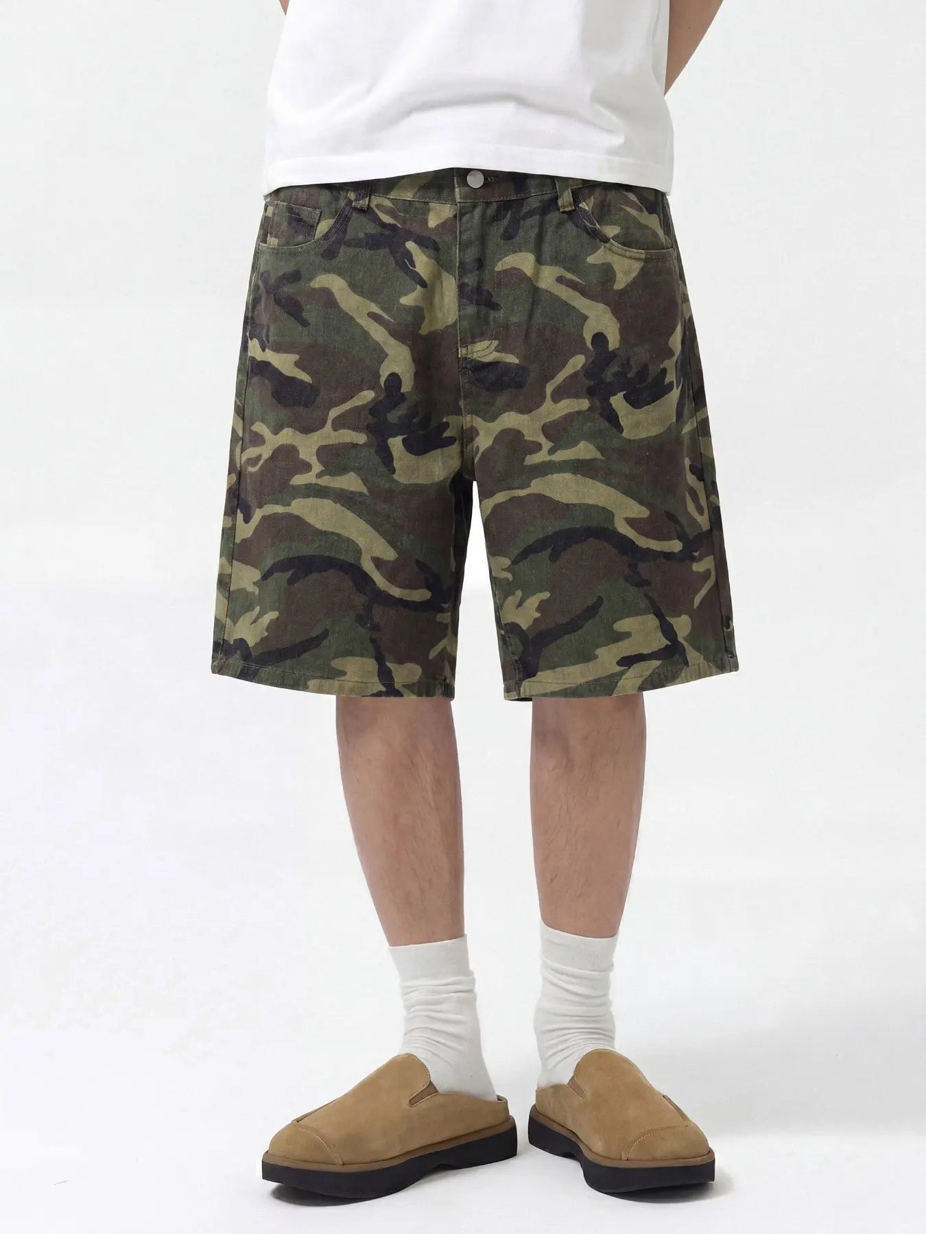 Men Light Blue Washed Loose Straight Denim Shorts