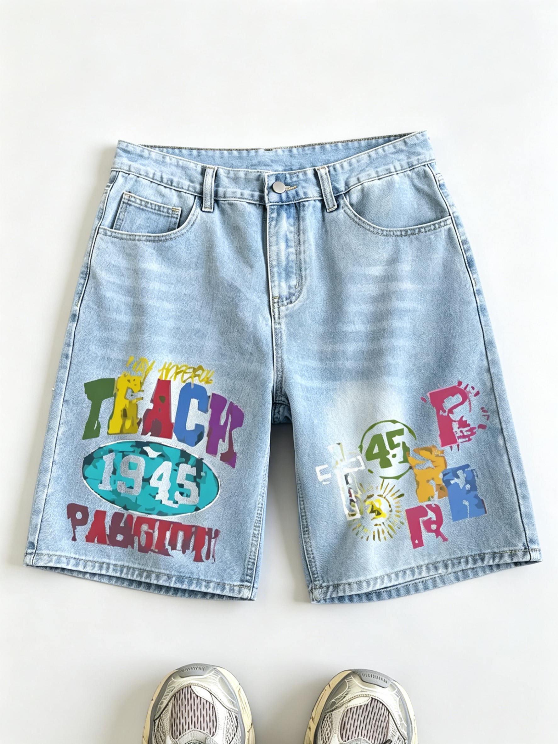 Colorblock Letter Print Light Wash Loose Denim Shorts