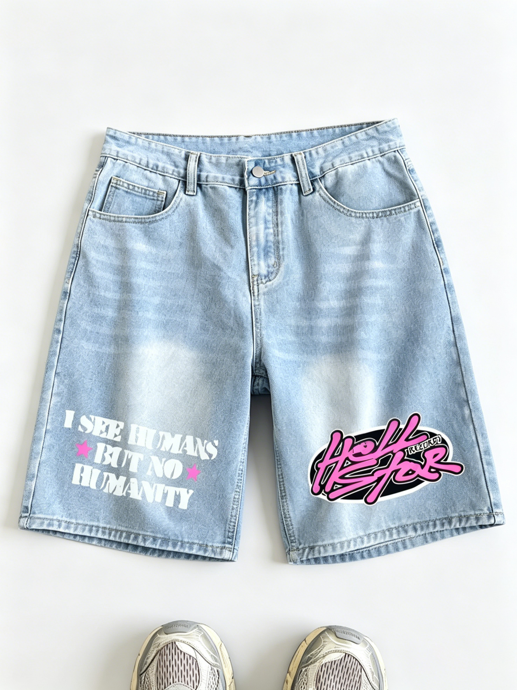 Colorblock Letter Print Loose Distressed Denim Shorts