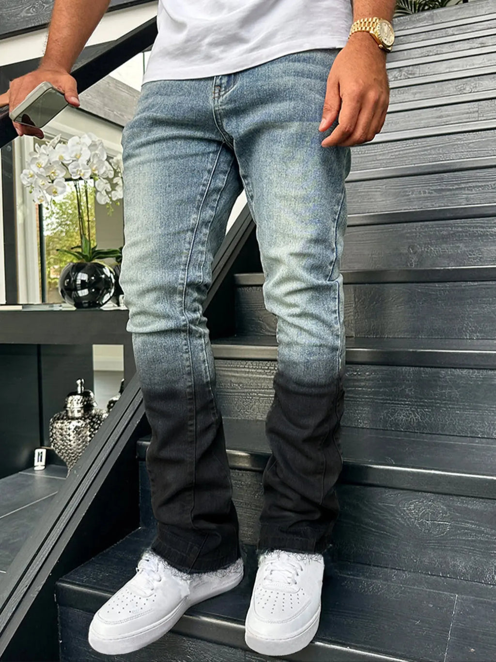 Men Blue Slim Fit Elastic Straight Leg Vintage Washed Jeans