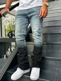 Men Blue Slim Fit Elastic Straight Leg Vintage Washed Jeans