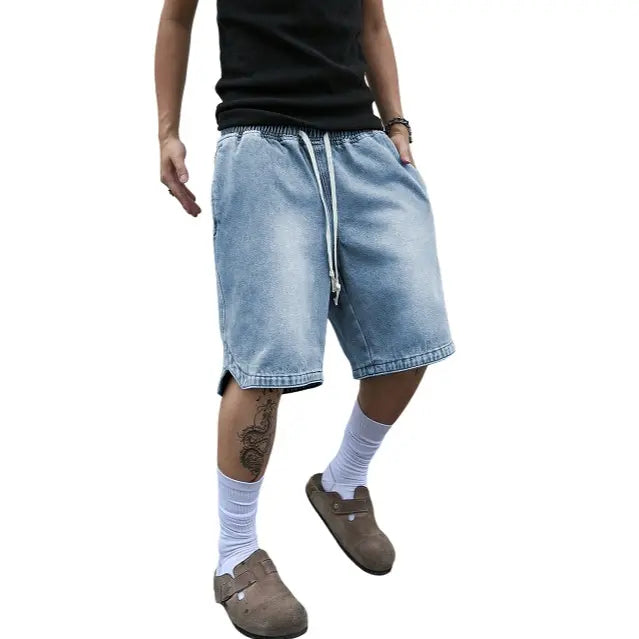 Drawstring Elastic Waist Loose Five Pocket Denim Shorts