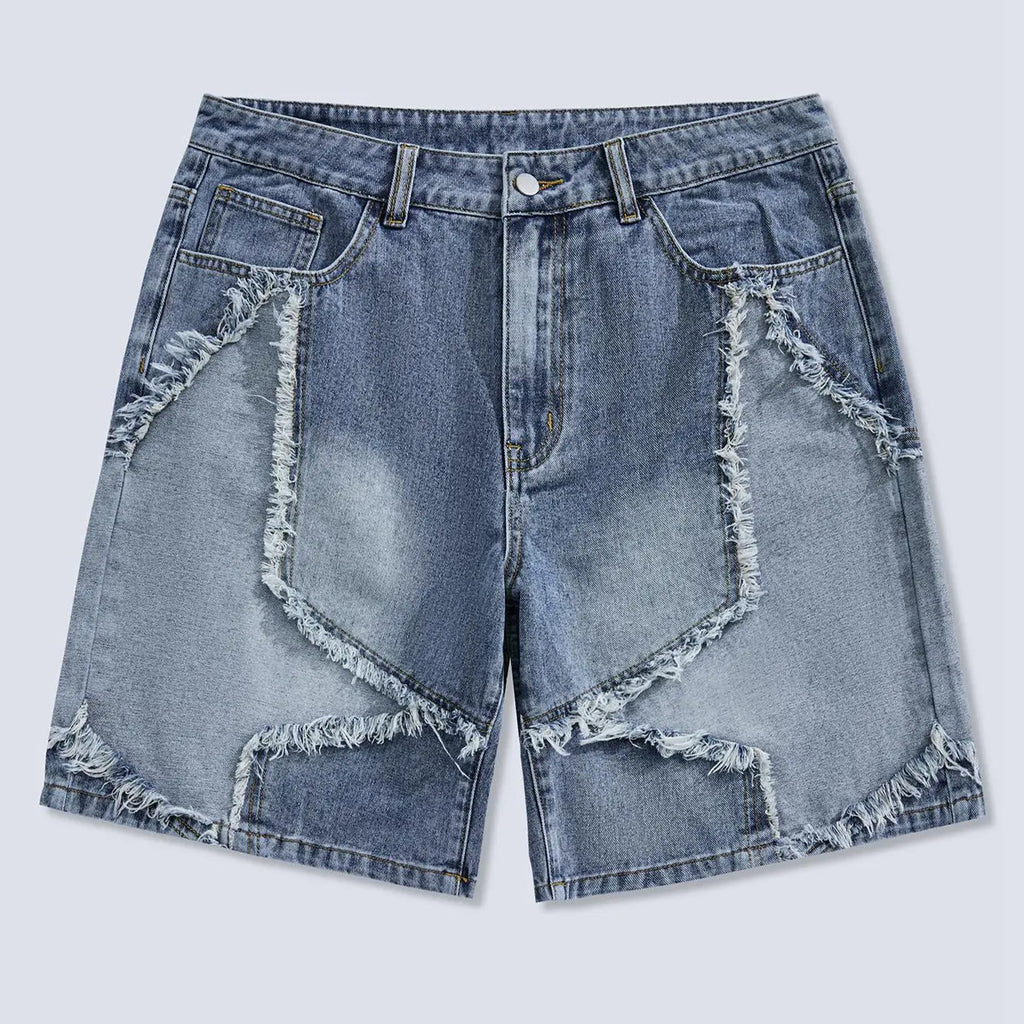 Frayed Hem Star Spring To Summer Pattern Wide Leg Jorts Denim Shorts with Pocket