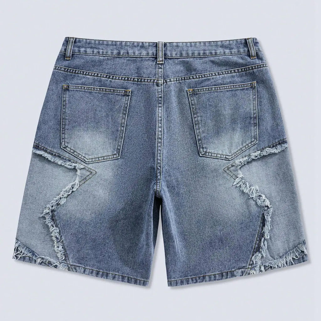 Frayed Hem Star Spring To Summer Pattern Wide Leg Jorts Denim Shorts with Pocket