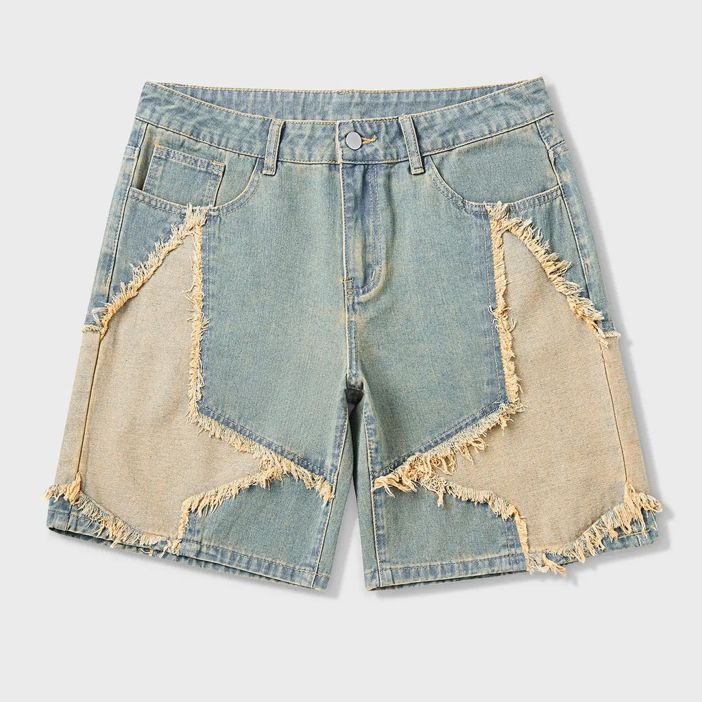 Frayed Hem Star Spring To Summer Pattern Wide Leg Jorts Denim Shorts with Pocket