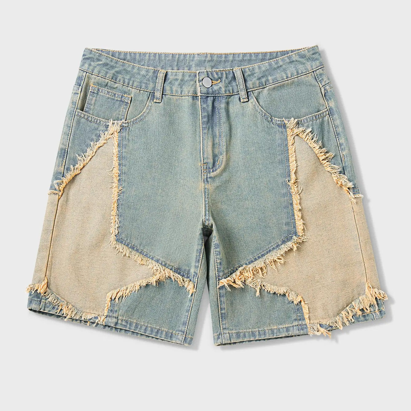 Frayed Hem Star Spring To Summer Pattern Wide Leg Jorts Denim Shorts with Pocket