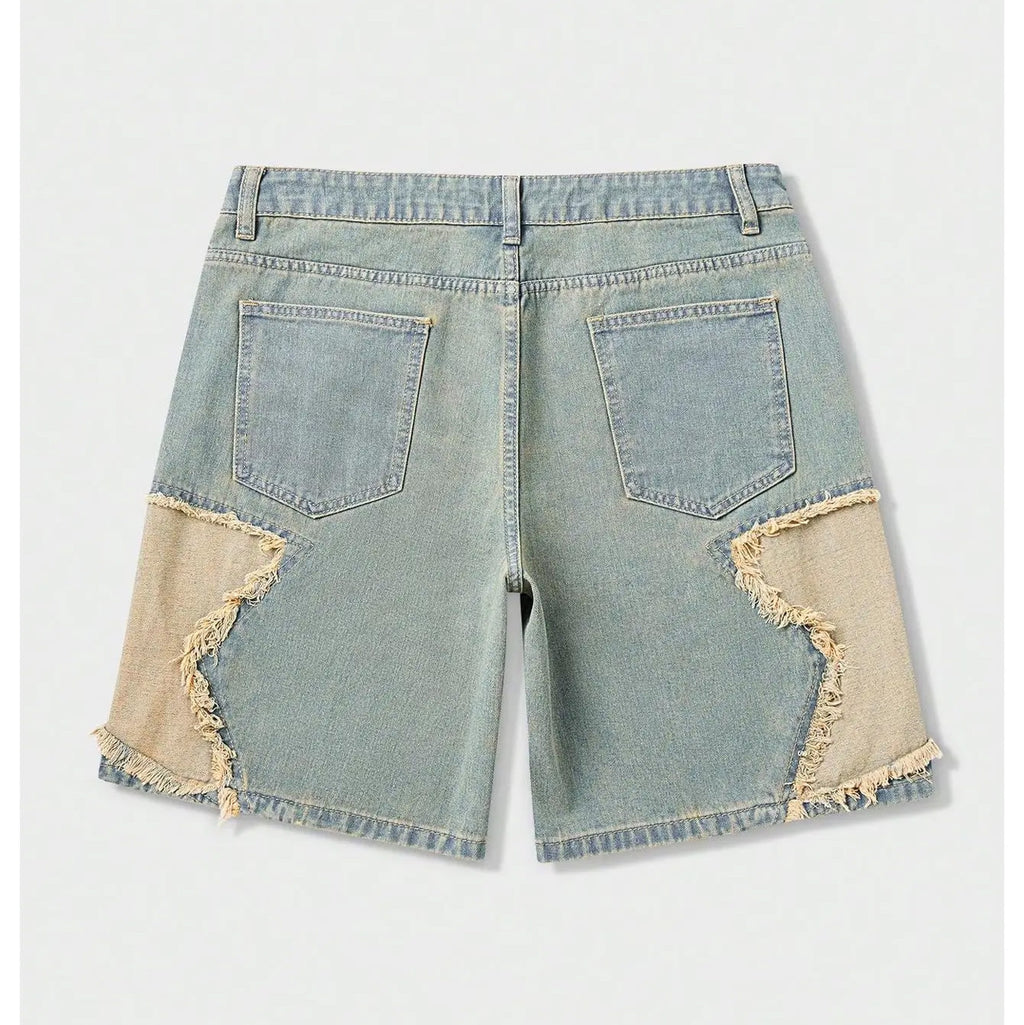 Frayed Hem Star Spring To Summer Pattern Wide Leg Jorts Denim Shorts with Pocket