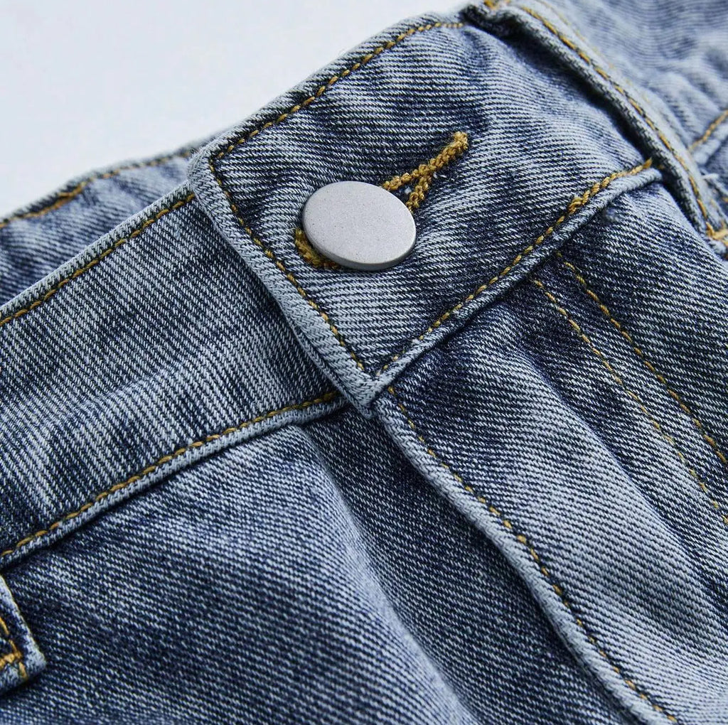 Frayed Hem Star Spring To Summer Pattern Wide Leg Jorts Denim Shorts with Pocket