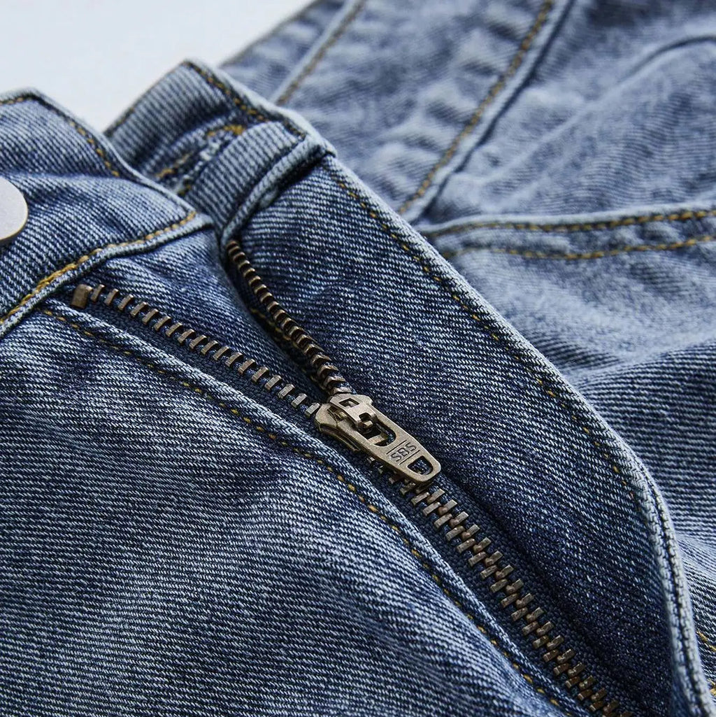 Frayed Hem Star Spring To Summer Pattern Wide Leg Jorts Denim Shorts with Pocket