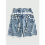Rhinestone Diamond Embellished Loose Fit Denim Shorts