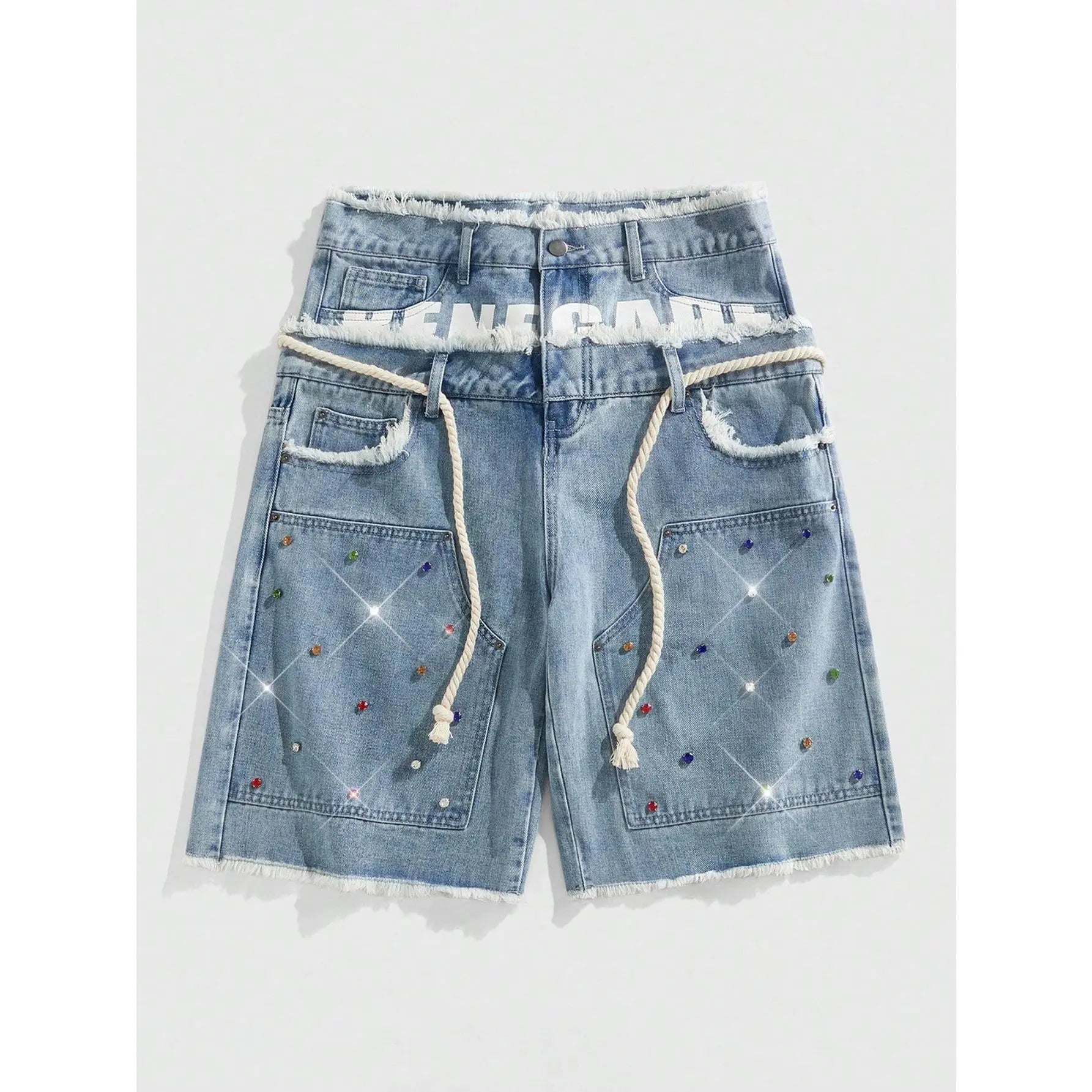 Glitter Rhinestone Streetstyle Loose Fit Double Layer Waist Diamond Embellished Denim Shorts