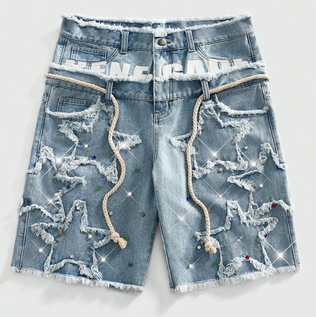 Glitter Rhinestone Streetstyle Loose Fit Double Layer Waist Diamond Embellished Denim Shorts