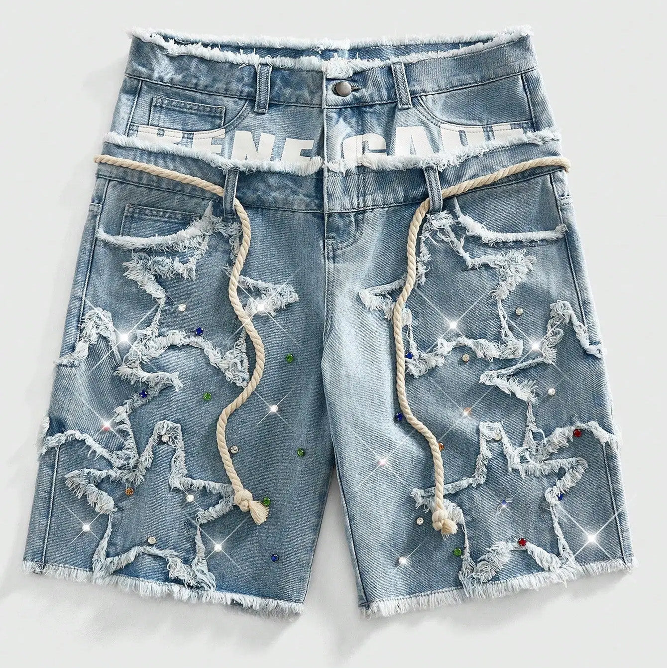 Glitter Rhinestone Streetstyle Loose Fit Double Layer Waist Diamond Embellished Denim Shorts