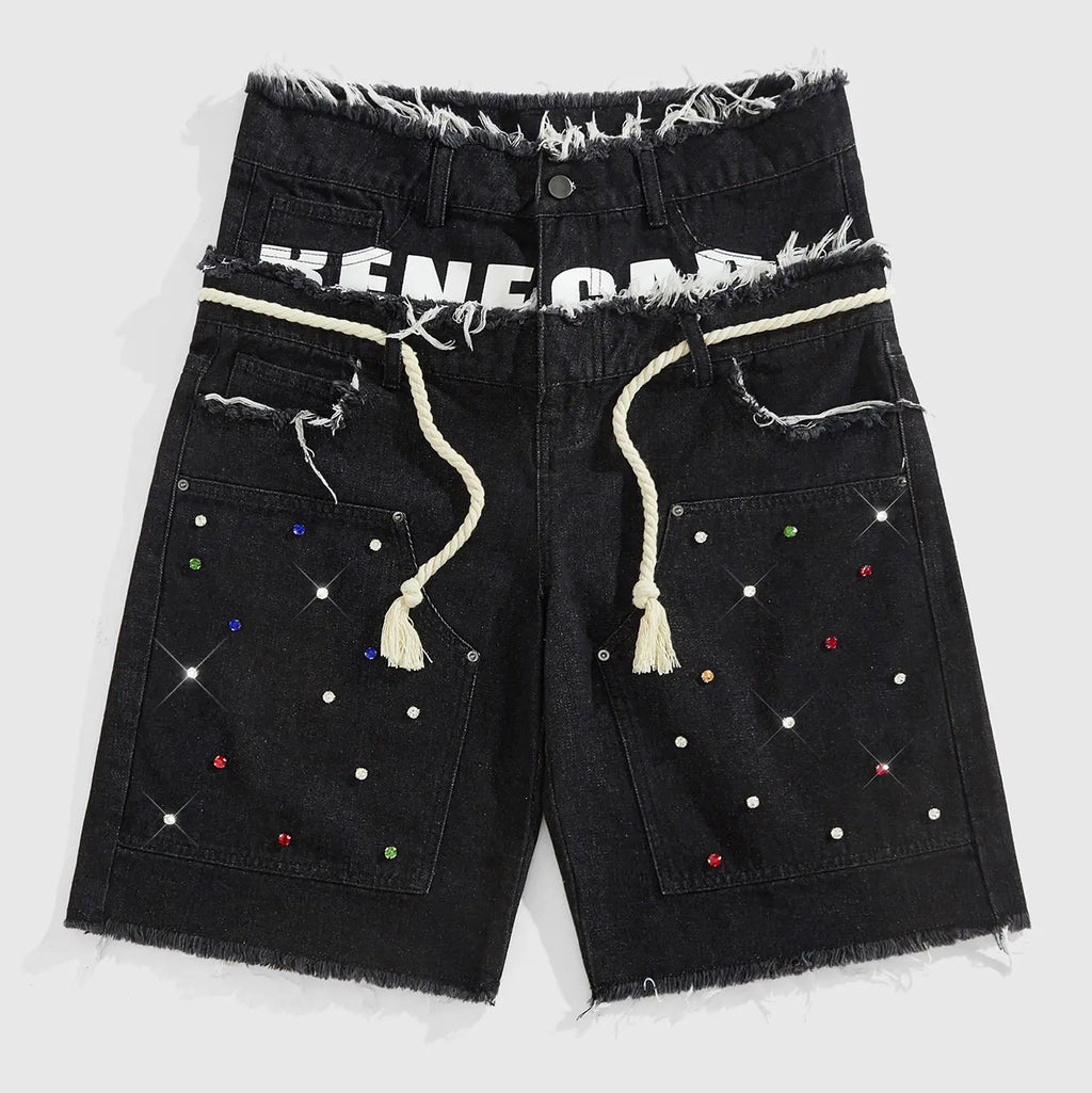Glitter Rhinestone Streetstyle Loose Fit Double Layer Waist Diamond Embellished Denim Shorts