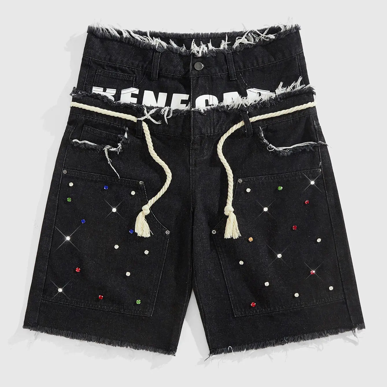 Glitter Rhinestone Streetstyle Loose Fit Double Layer Waist Diamond Embellished Denim Shorts