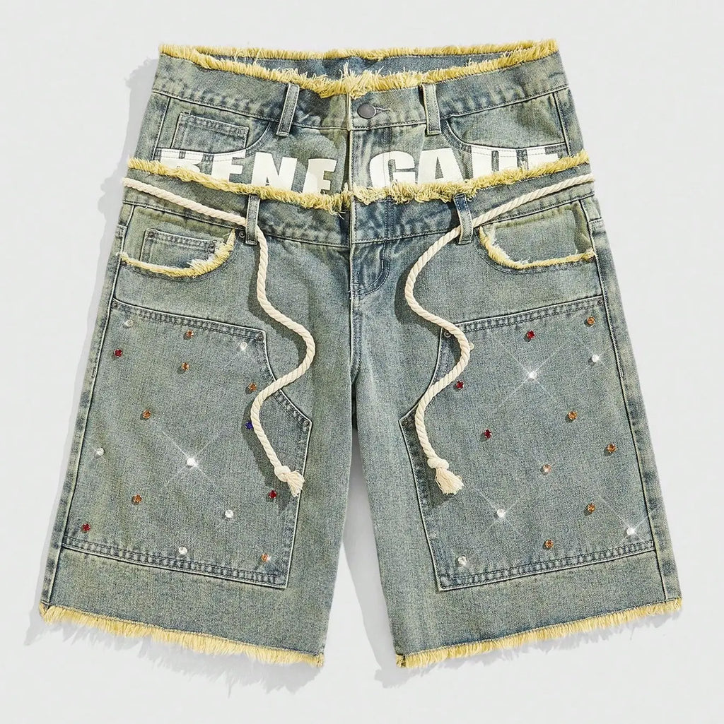 Glitter Rhinestone Streetstyle Loose Fit Double Layer Waist Diamond Embellished Denim Shorts