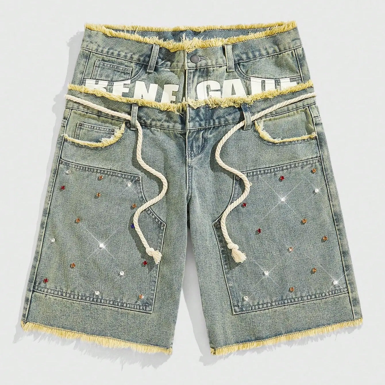 Glitter Rhinestone Streetstyle Loose Fit Double Layer Waist Diamond Embellished Denim Shorts