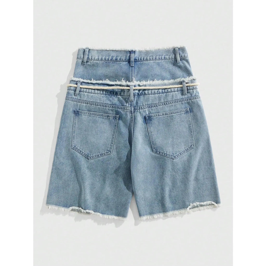 Glitter Rhinestone Streetstyle Loose Fit Double Layer Waist Diamond Embellished Denim Shorts