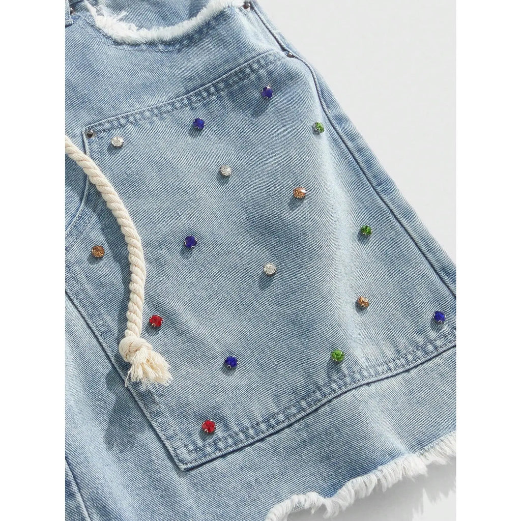 Glitter Rhinestone Streetstyle Loose Fit Double Layer Waist Diamond Embellished Denim Shorts