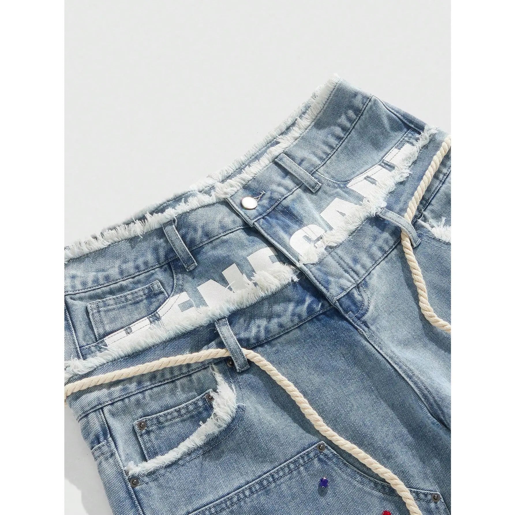 Glitter Rhinestone Streetstyle Loose Fit Double Layer Waist Diamond Embellished Denim Shorts