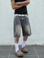 Low Rise Raw Hem Straight Leg Denim Jorts Streetwear