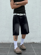 Low Rise Raw Hem Straight Leg Denim Jorts Streetwear