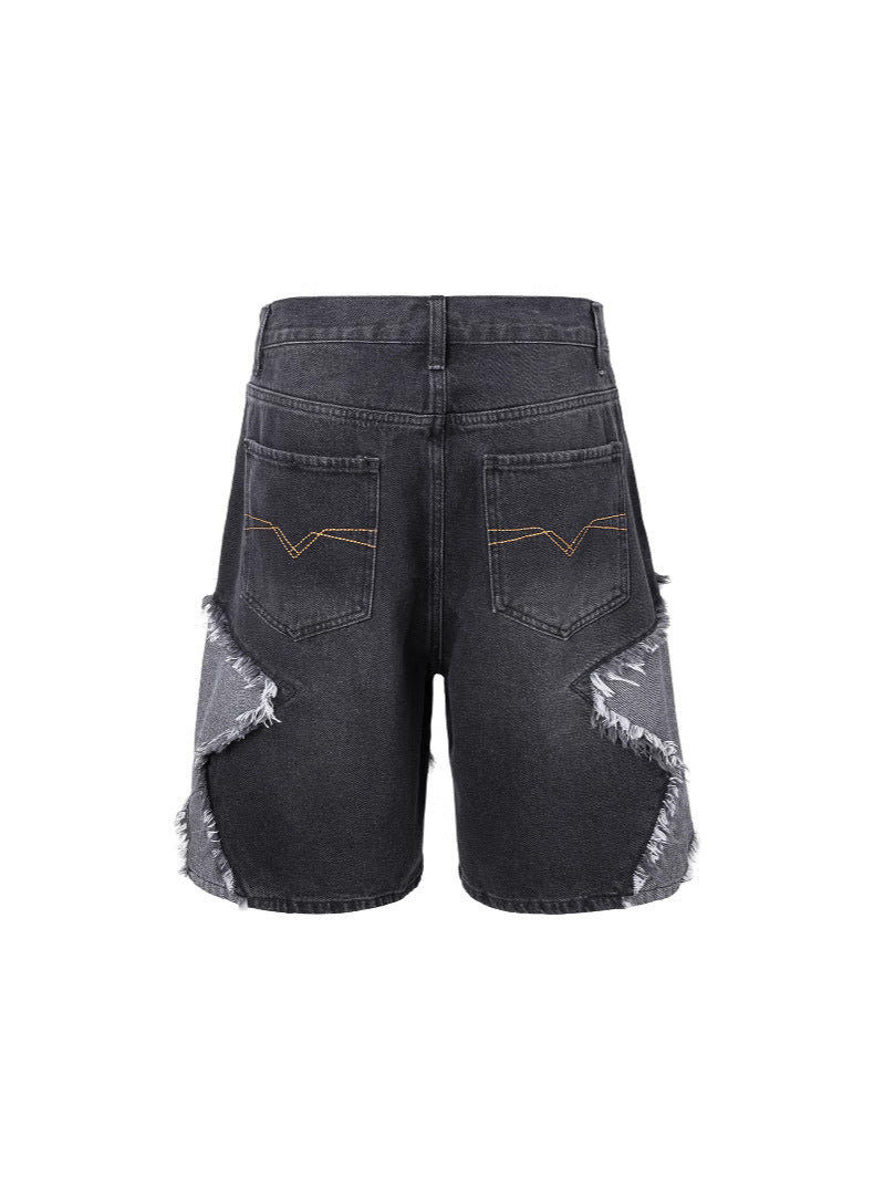 Star Pattern Frayed Hem Wide Leg Denim Jorts
