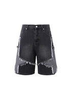 Star Pattern Frayed Hem Wide Leg Denim Jorts