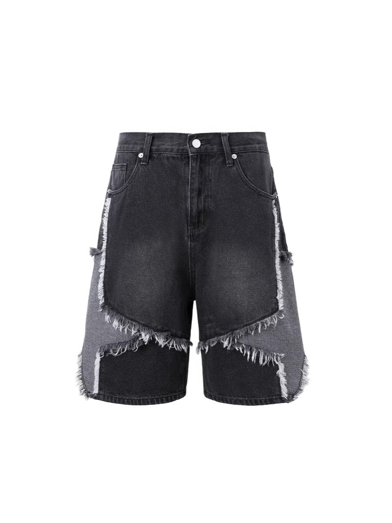 Star Pattern Frayed Hem Wide Leg Denim Jorts