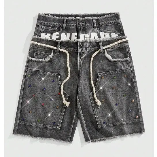 Rhinestone Diamond Embellished Loose Fit Denim Shorts