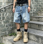 Star Pattern Frayed Hem Wide Leg Denim Jorts