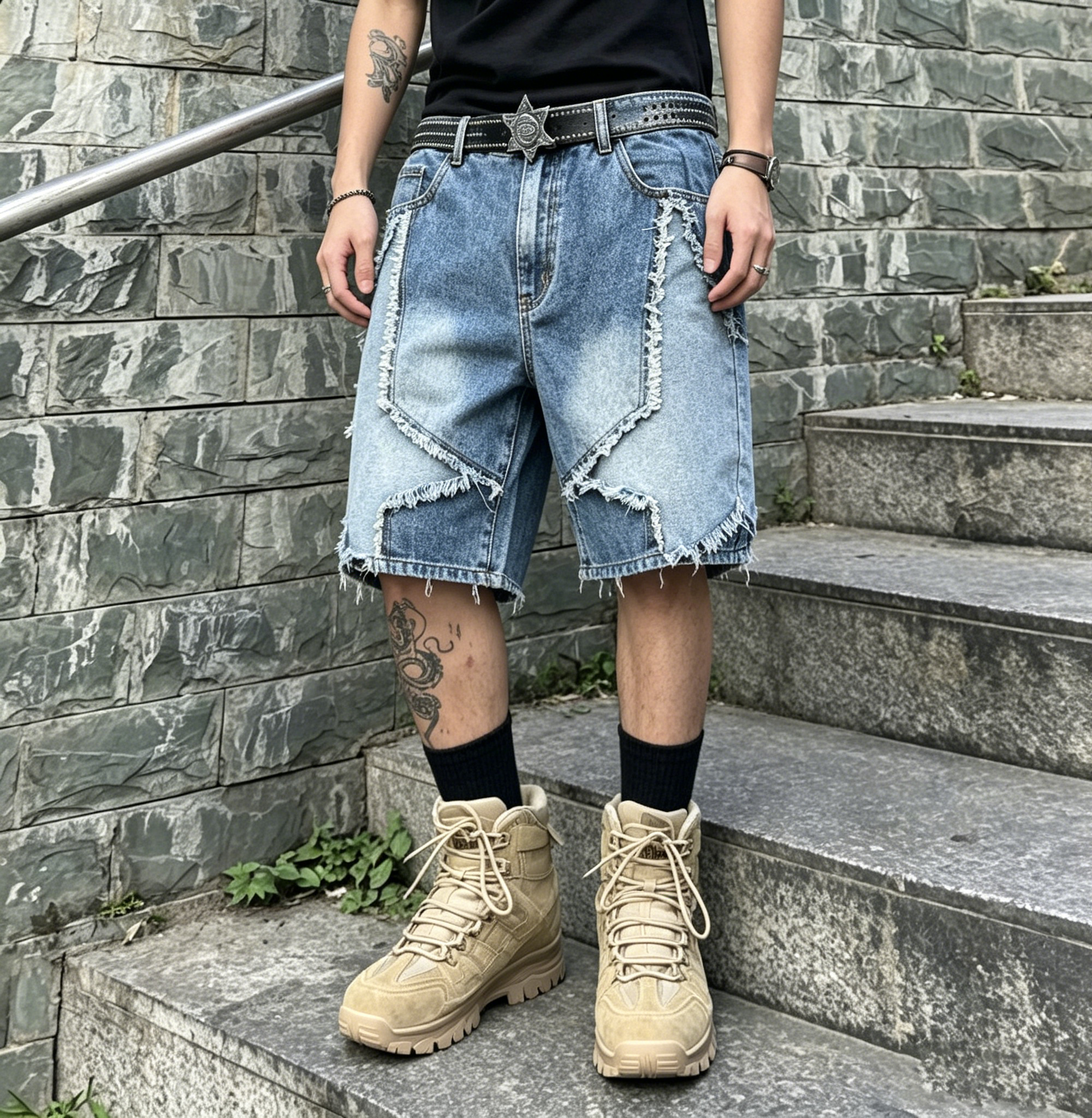 Star Pattern Frayed Hem Wide Leg Denim Jorts